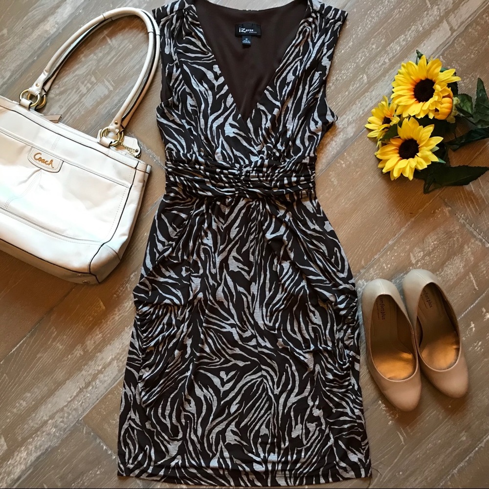 Brown zebra striped dress with pockets & tie back